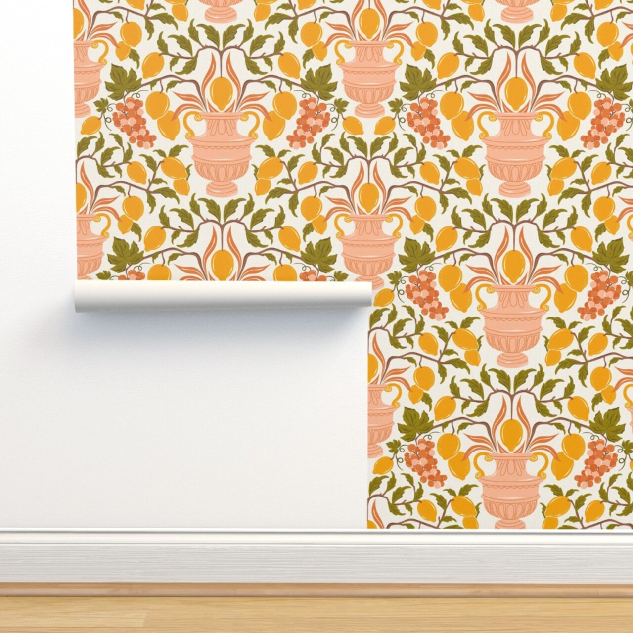 Floral Pink Fruit Damask Lemons Italian Botanical Grapes Vases Grape Vines Lemon Large Scale Rococo Classical Custom Removable Wallpaper by Spoonflower Peel & Stick Wallpaper 2FT Wide